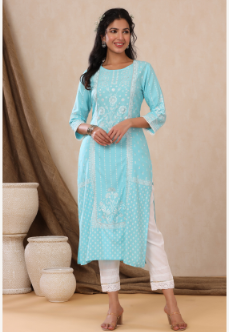 Women's Aqua Rayon Printed Straight Kurta - Juniper