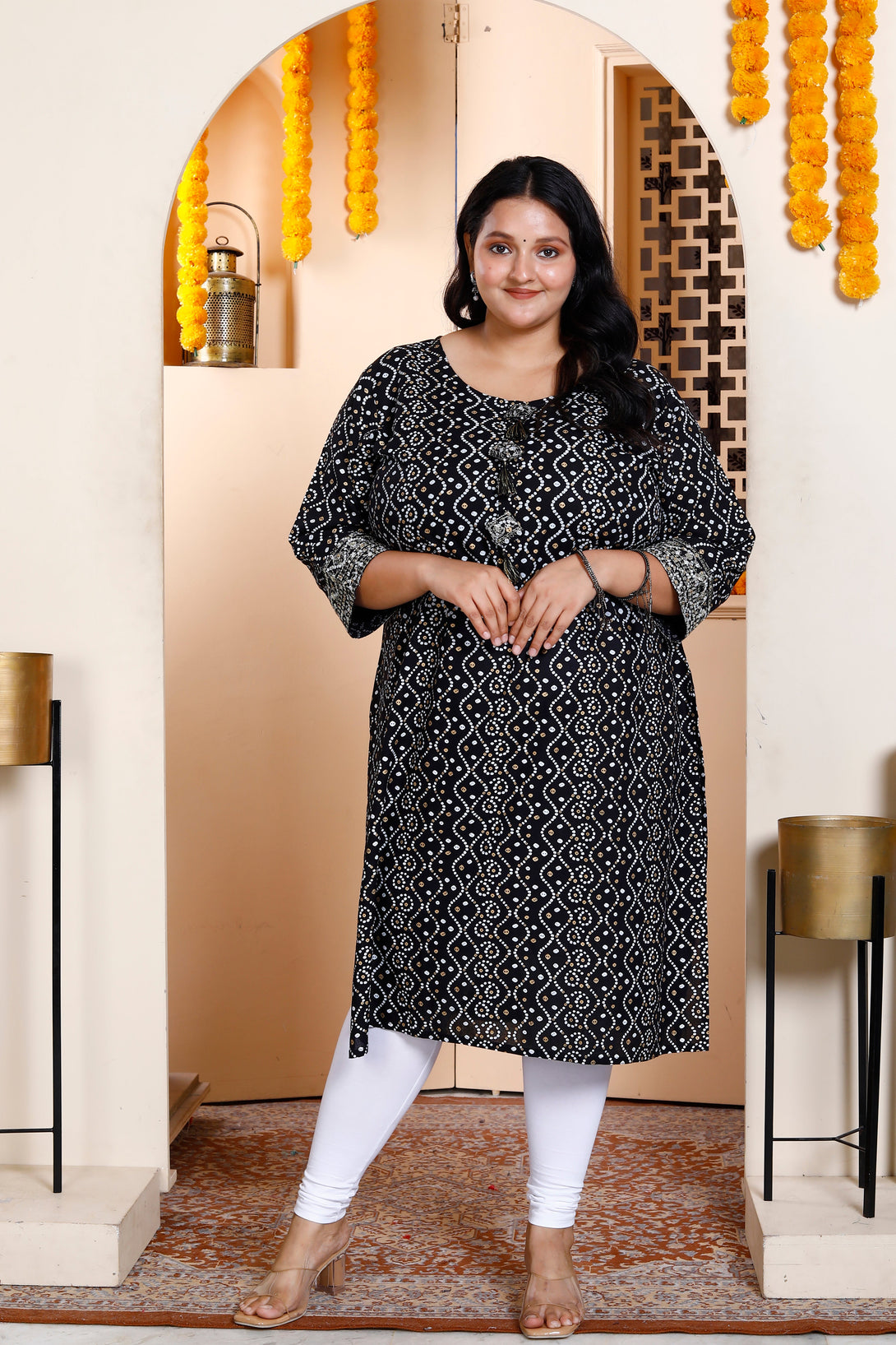 Women's Plus Size Rayon Embroidery Black Bandhani Printed Straight Kurti - Miravan