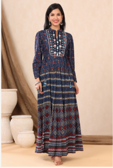 Women's Indigo Rayon Printed Flared Dress - Juniper