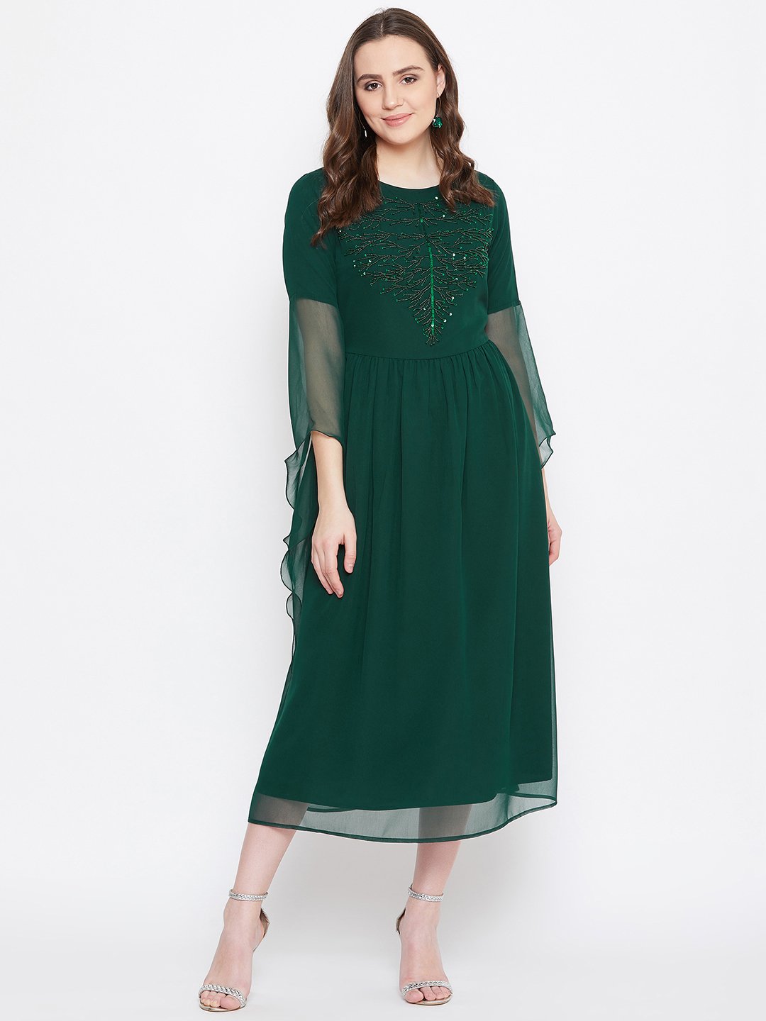 Women's Handmade Sequinned Ruffled Sleeve Dress  - BitterLime