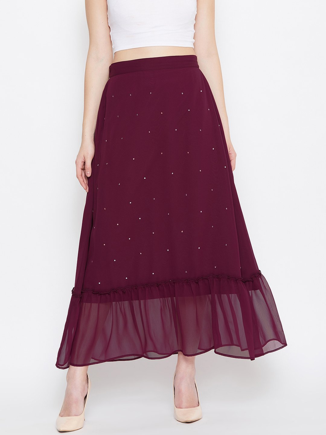 Women's Hand Sequinned Gathered Skirt  - BitterLime