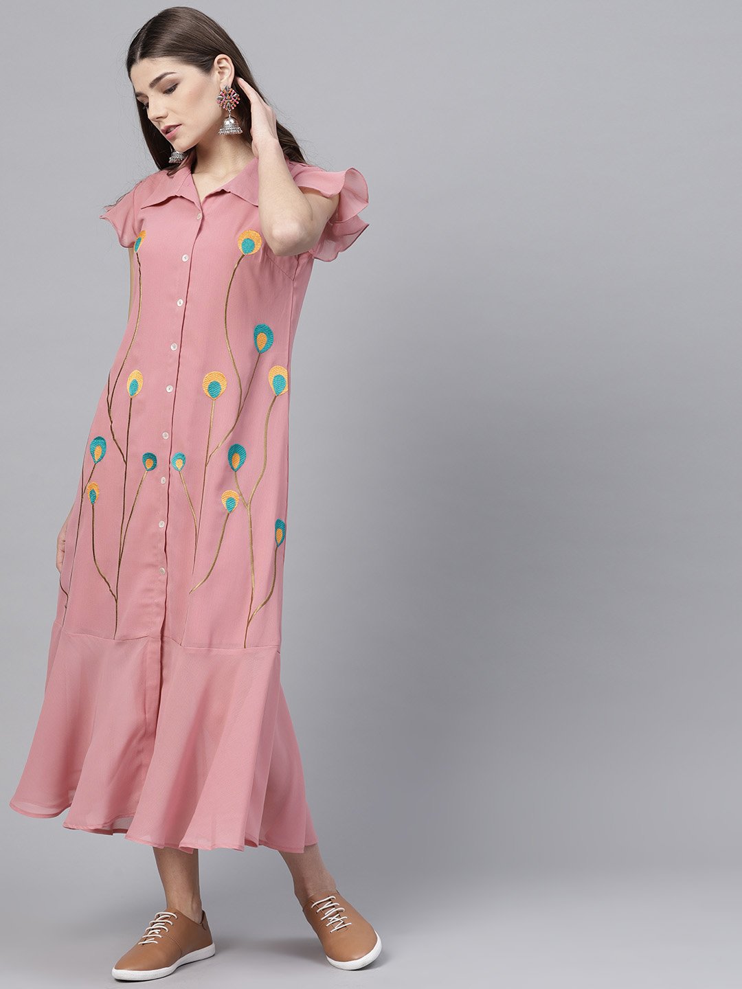 Women's Georgette Pink Embroidered A-Line Dress  - BitterLime