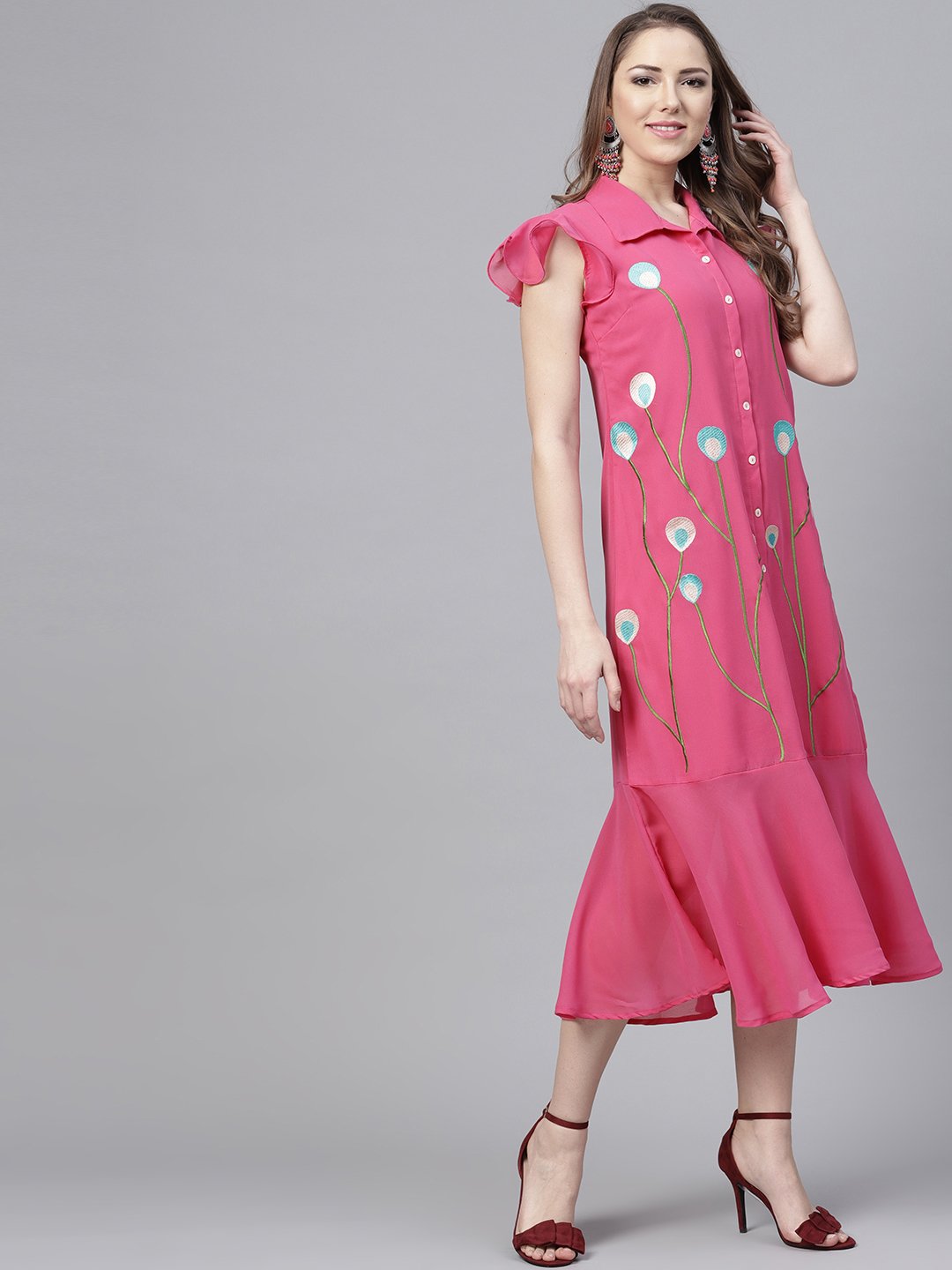 Women's Georgette Pink Embroidered A-Line Dress  - BitterLime