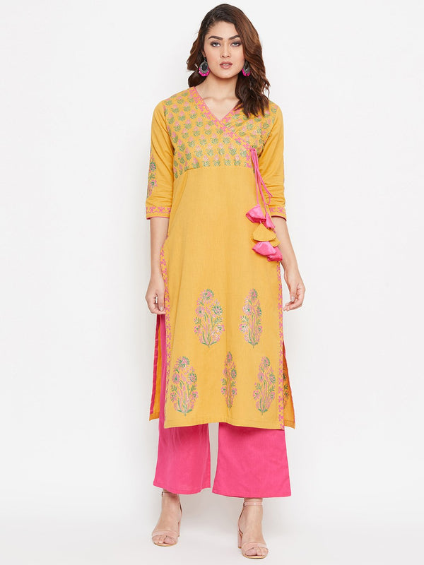 Women's Angrakha Block Printed Kurta Palazzo Set  - BitterLime