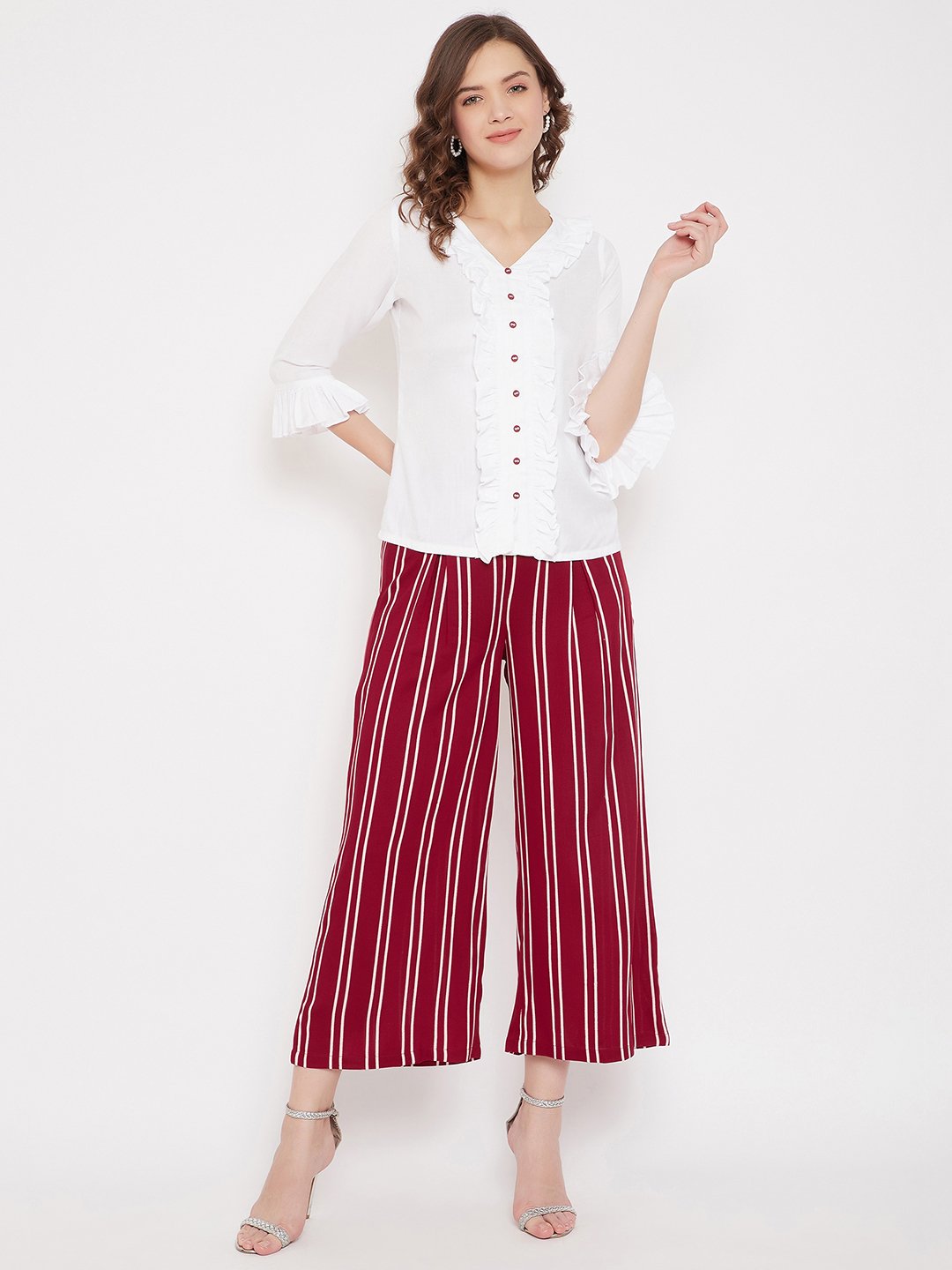 Women's Ruffled Top & Stripe Palazzo Set  - BitterLime