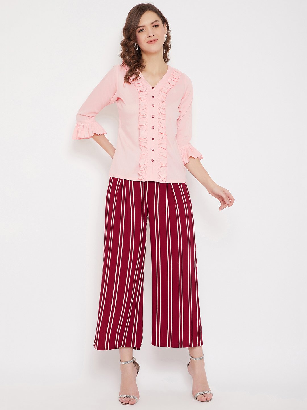 Women's Ruffled Top & Stripe Palazzo Set  - BitterLime