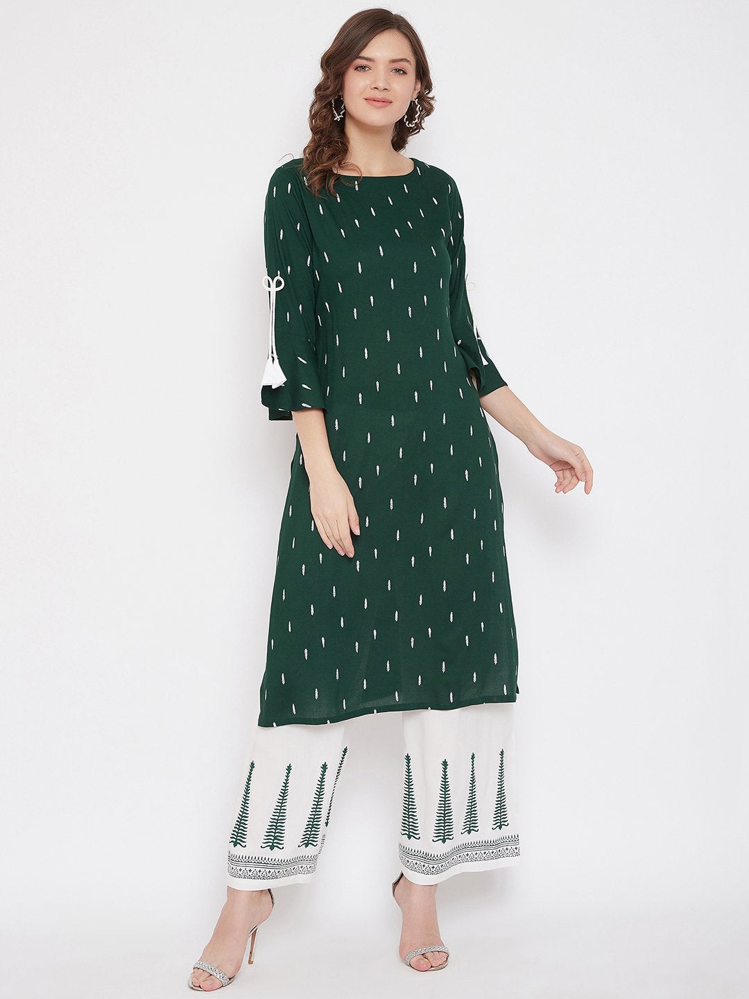 Women's Printed Kurta & White Block Print Pallazo Set  - BitterLime