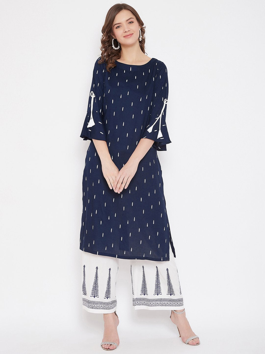 Women's Printed Kurta & White Block Print Pallazo Set  - BitterLime