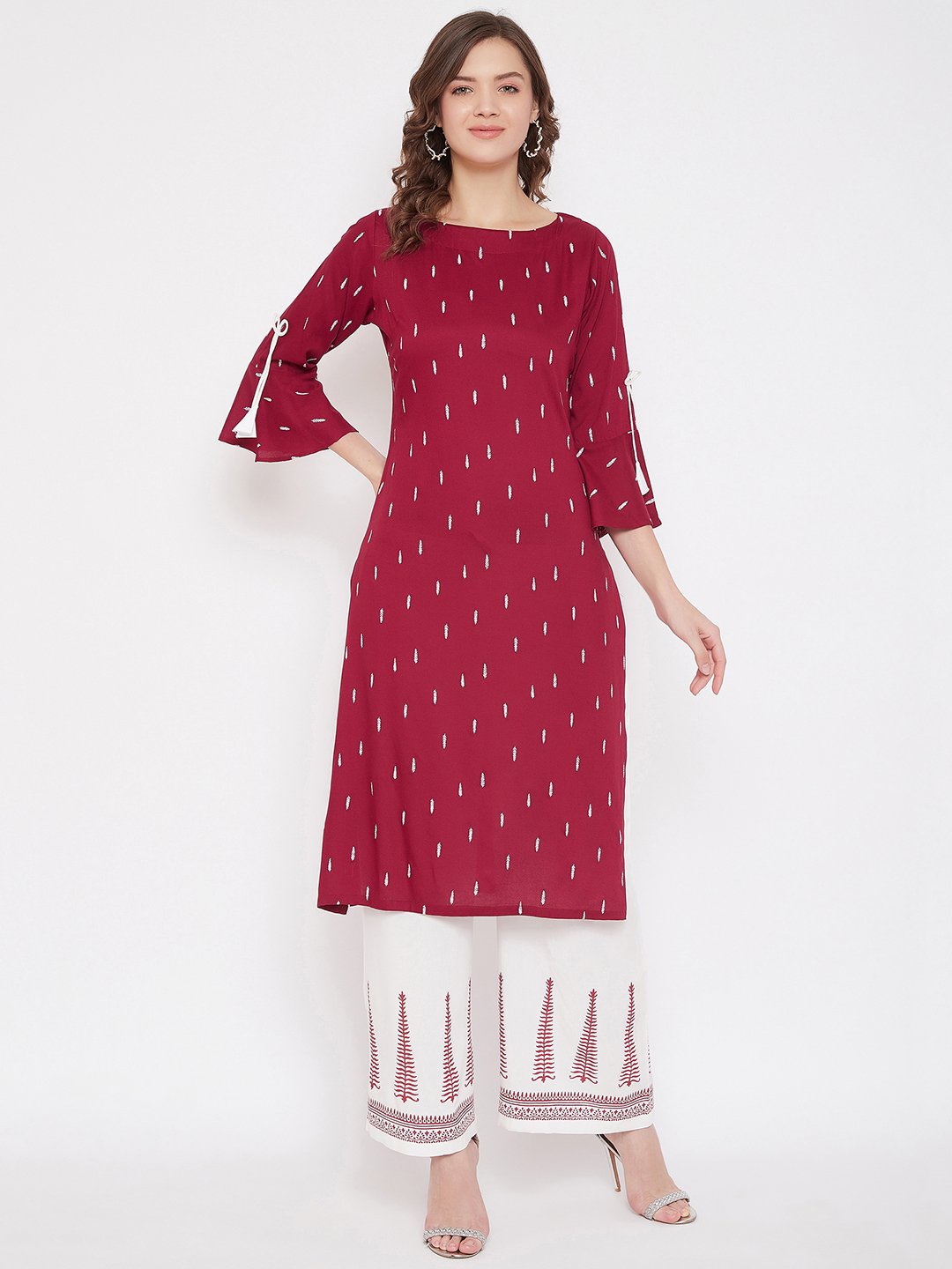 Women's Printed Kurta & White Block Print Pallazo Set  - BitterLime