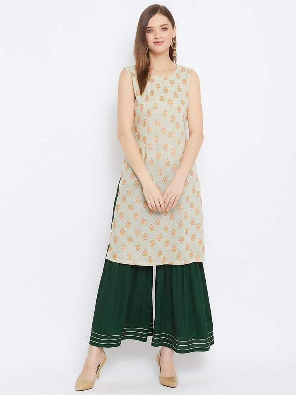 Women's Printed Kurta With Sharara - BitterLime