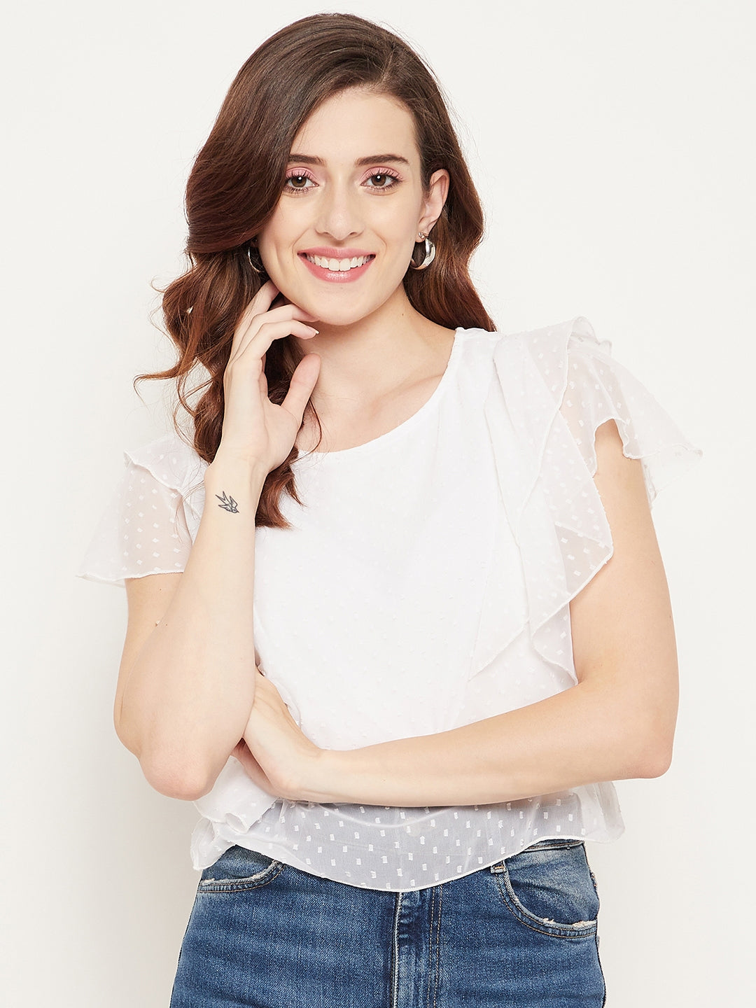 Women's White Solid Ruffle Georgette Dobby Top - Bitterlime