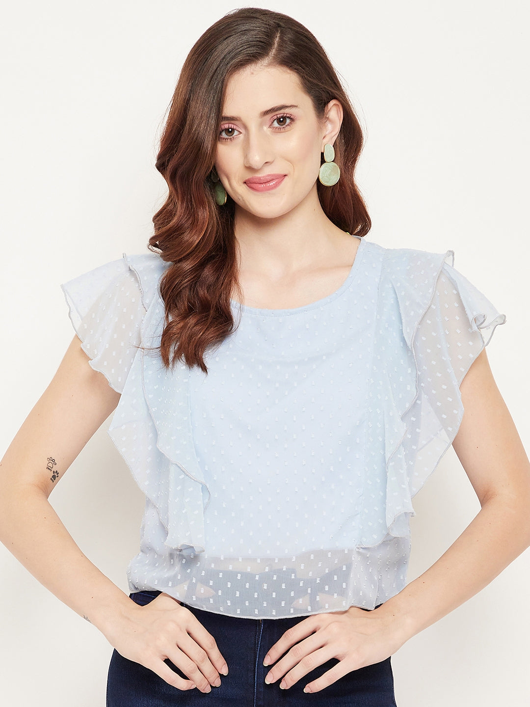 Women's Powder Blue Solid Ruffle Georgette Dobby Top - Bitterlime