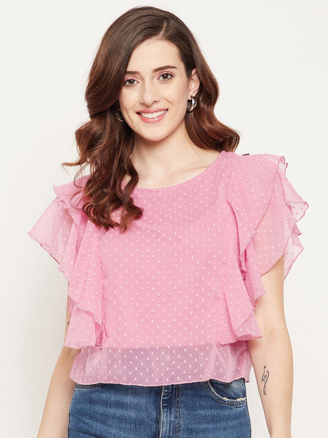 Women's Rose Solid Ruffle Georgette Dobby Top - Bitterlime