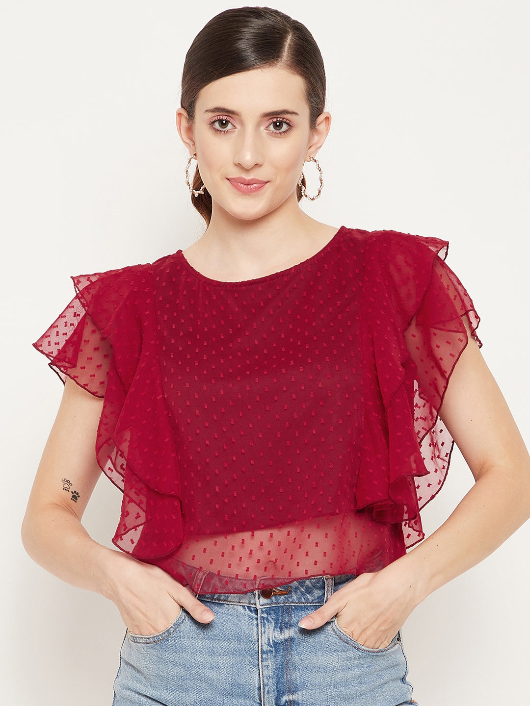 Women's Red Solid Ruffle Georgette Dobby Top - Bitterlime