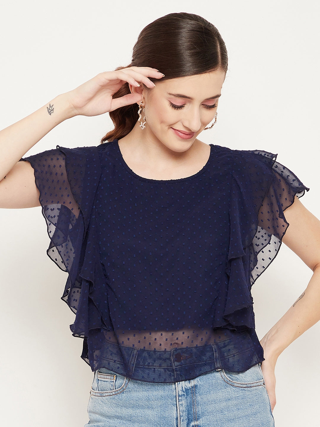 Women's Navy Blue Solid Ruffle Georgette Dobby Top - Bitterlime