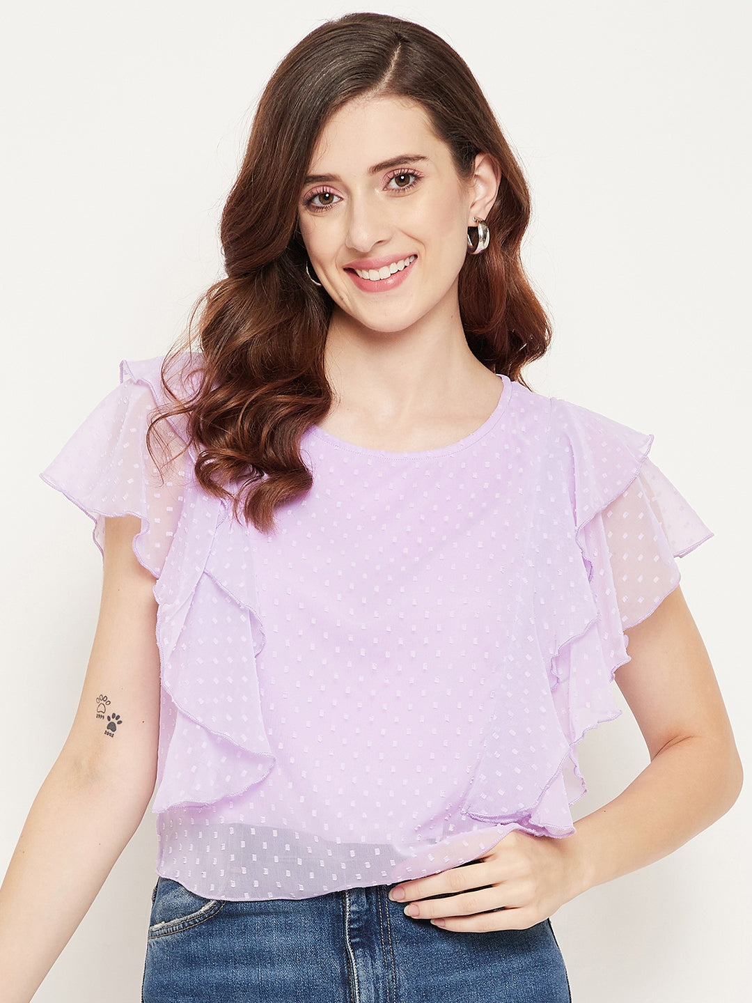 Women's Mauve Solid Ruffle Georgette Dobby Top - Bitterlime