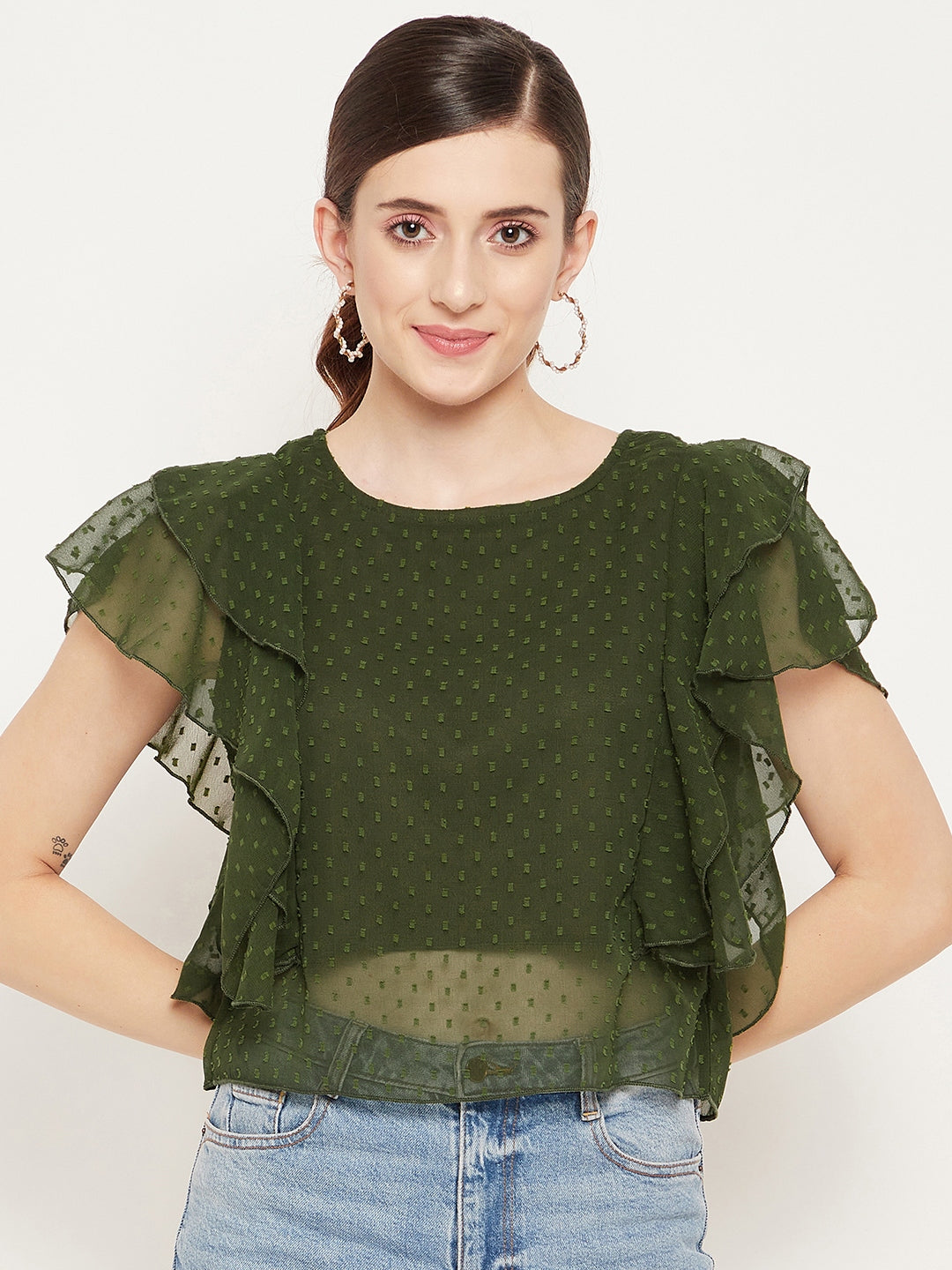 Women's Olive Green Solid Ruffle Georgette Dobby Top - Bitterlime