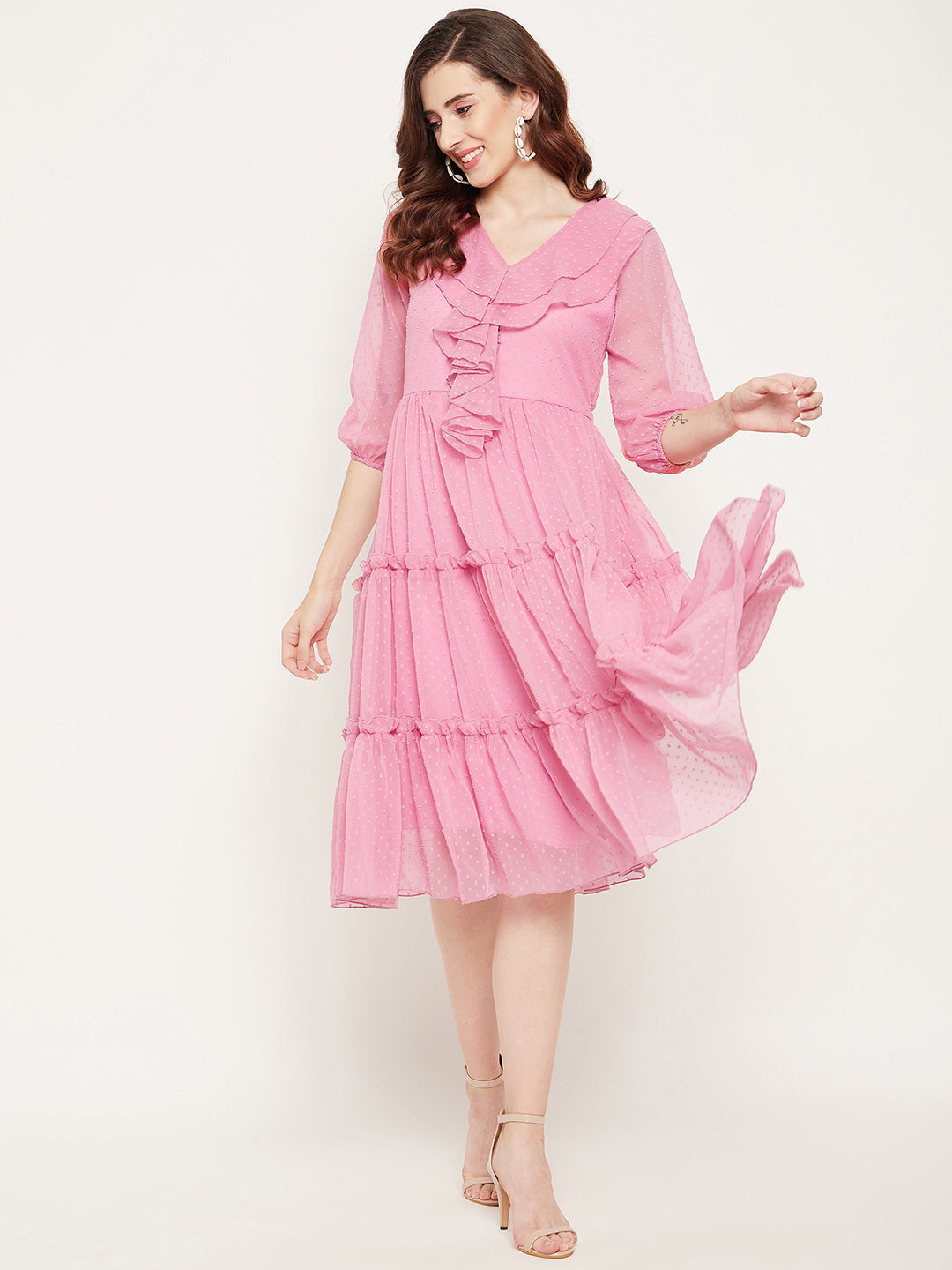 Women's Rose Pink Georgette Tiered Dobby Dress - Bitterlime