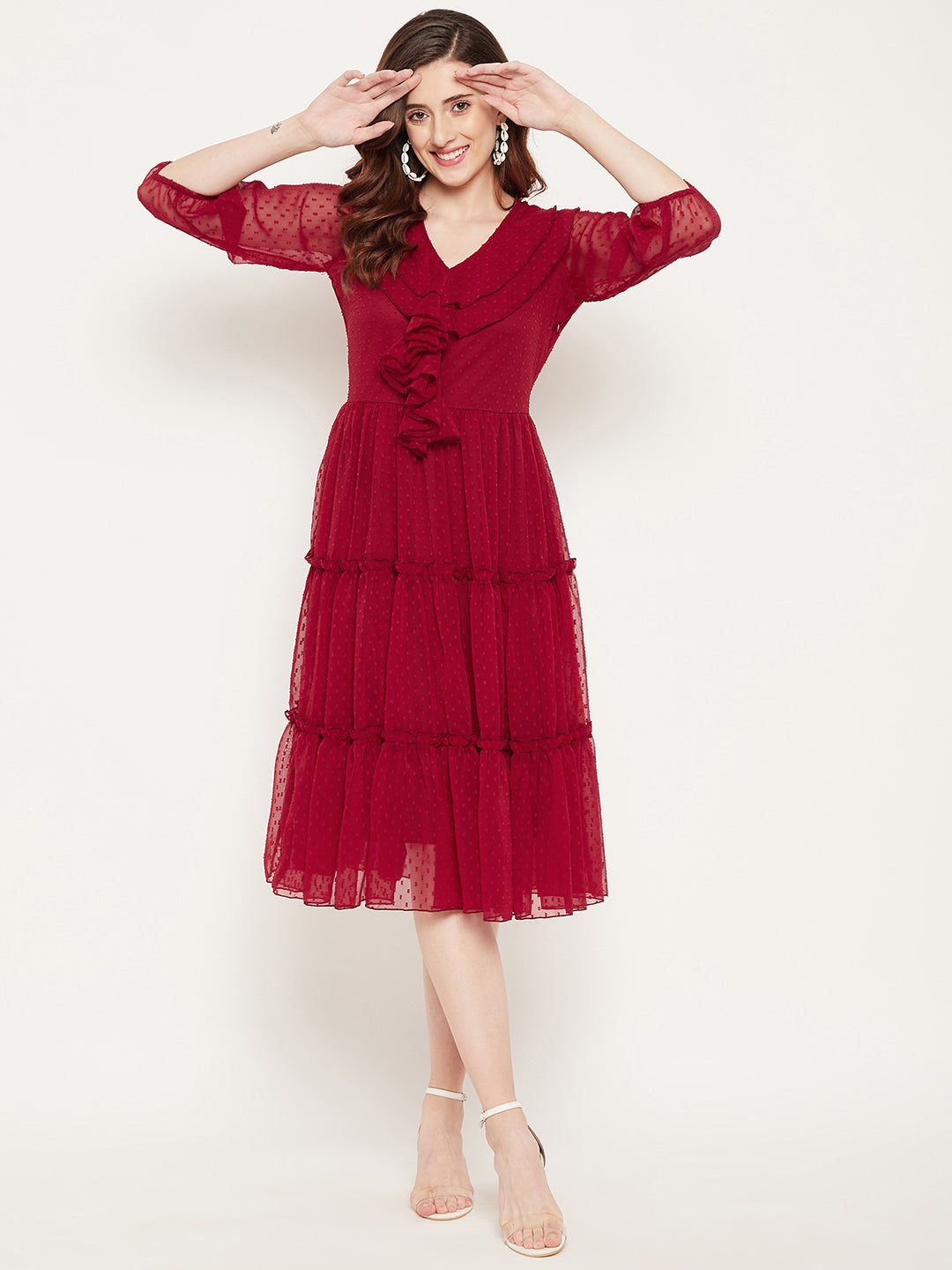 Women's Red Georgette Tiered Dobby Dress - Bitterlime