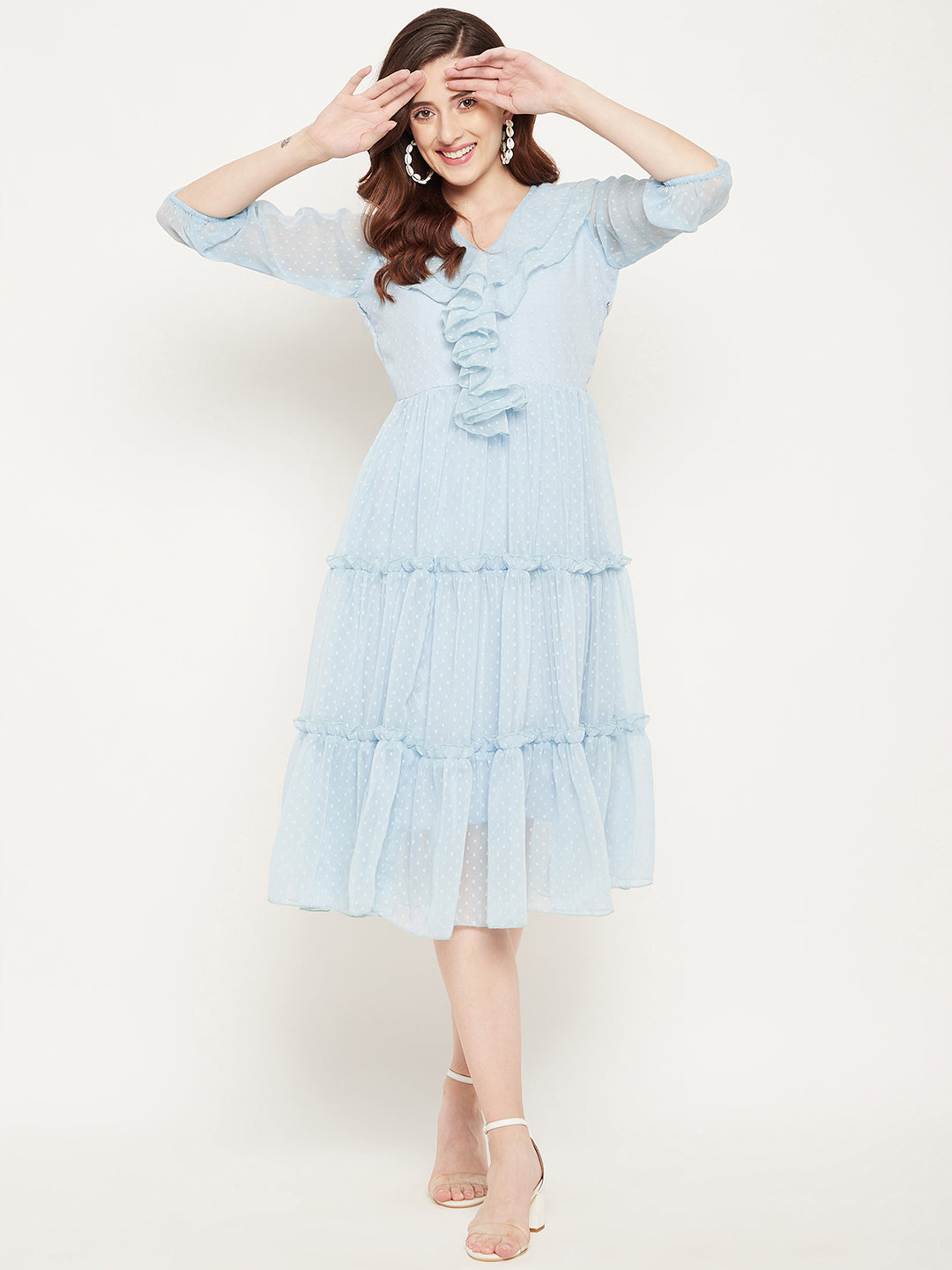 Women's Powder Blue Georgette Tiered Dobby Dress - Bitterlime