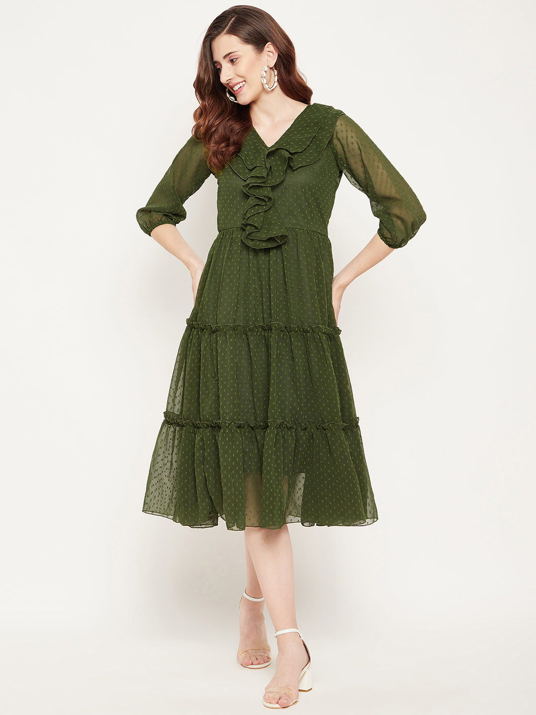 Women's Olive Green Georgette Tiered Dobby Dress - Bitterlime