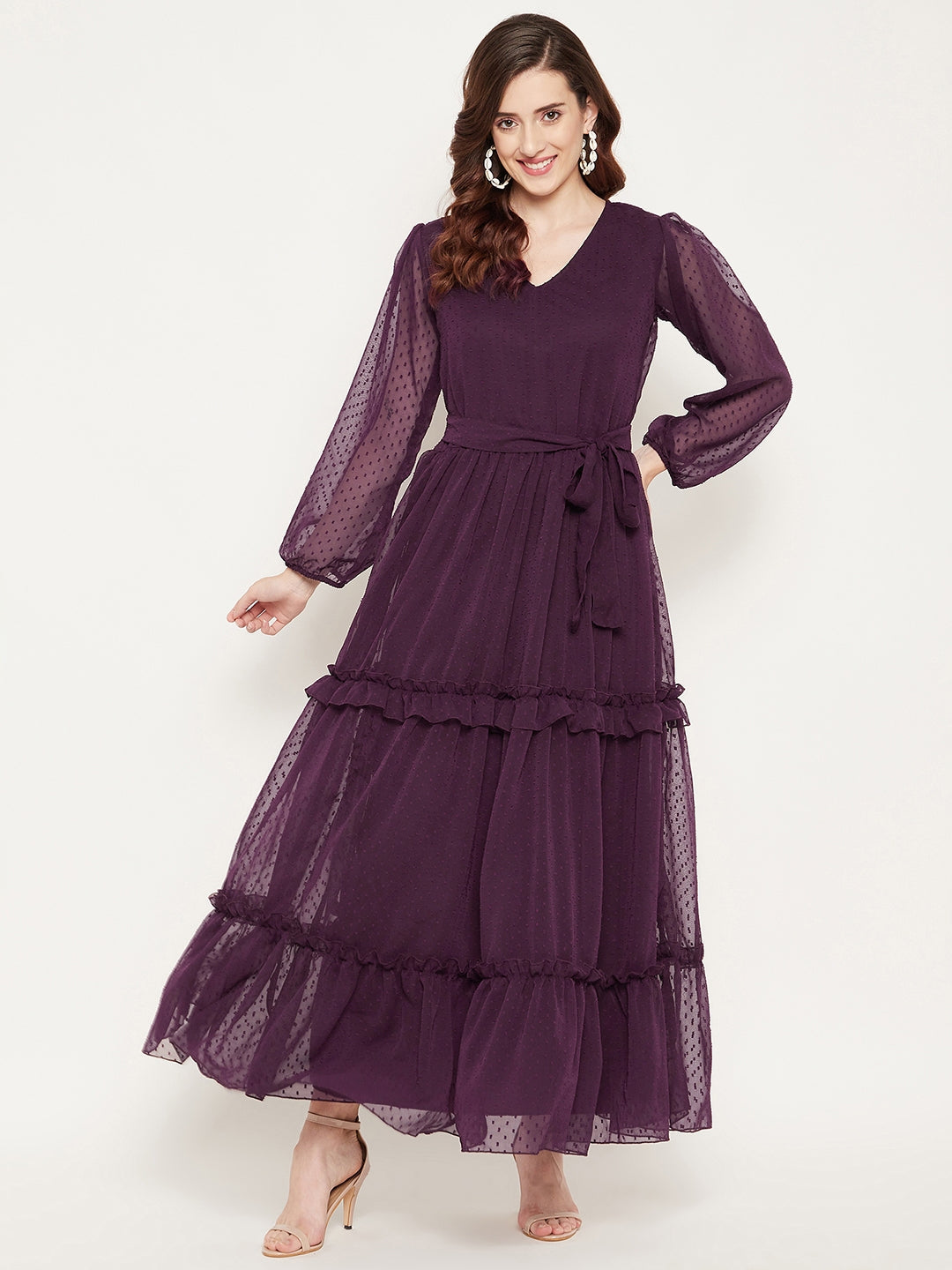 Women's Red Georgette Tiered Dobby Maxi Dress - Bitterlime