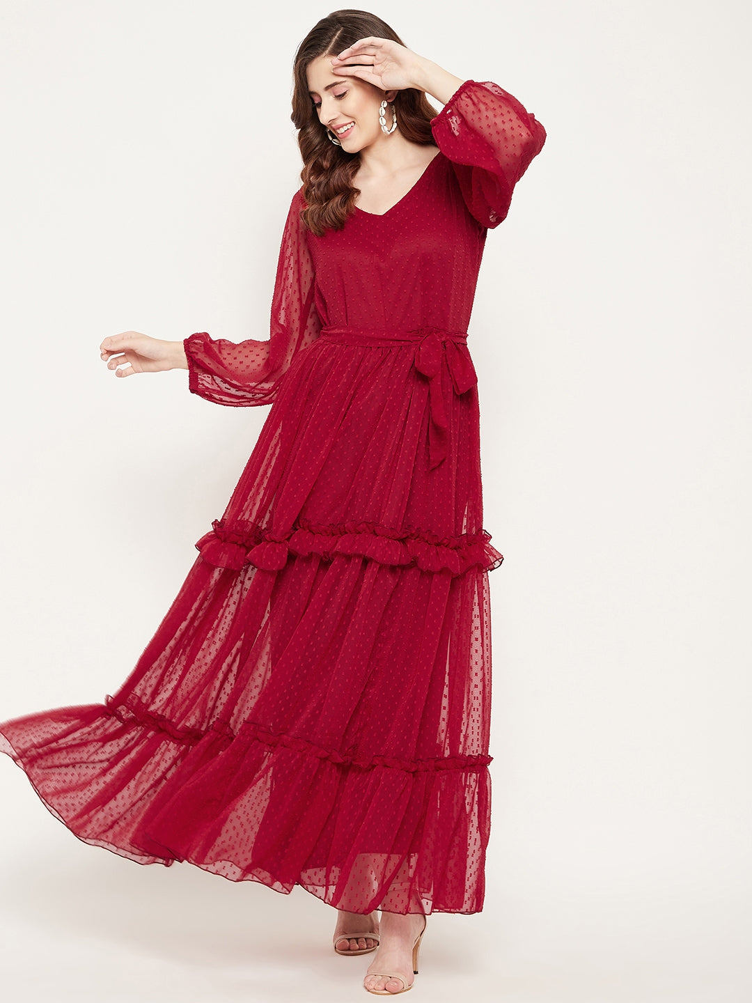 Women's Burgundy Georgette Tiered Dobby Maxi Dress - Bitterlime