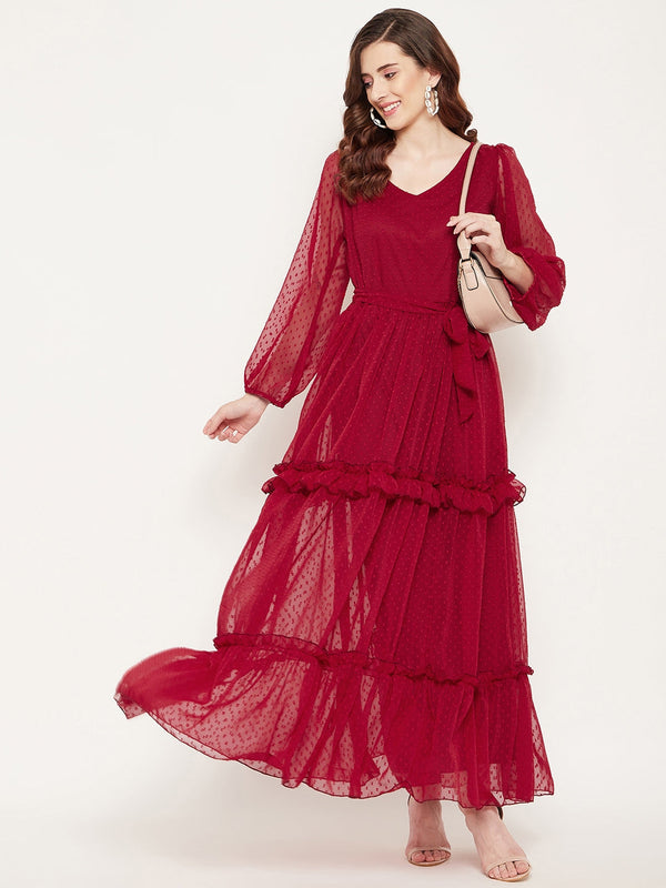 Women's Burgundy Georgette Tiered Dobby Maxi Dress - Bitterlime