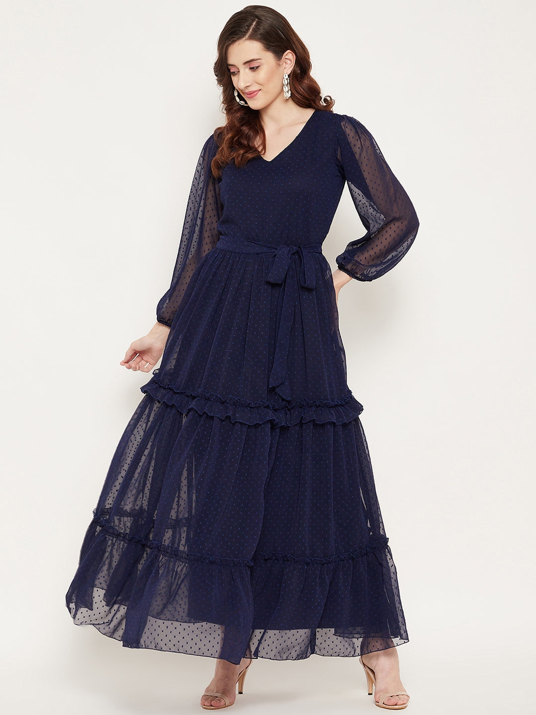 Women's Navy Blue Georgette Tiered Dobby Maxi Dress - Bitterlime