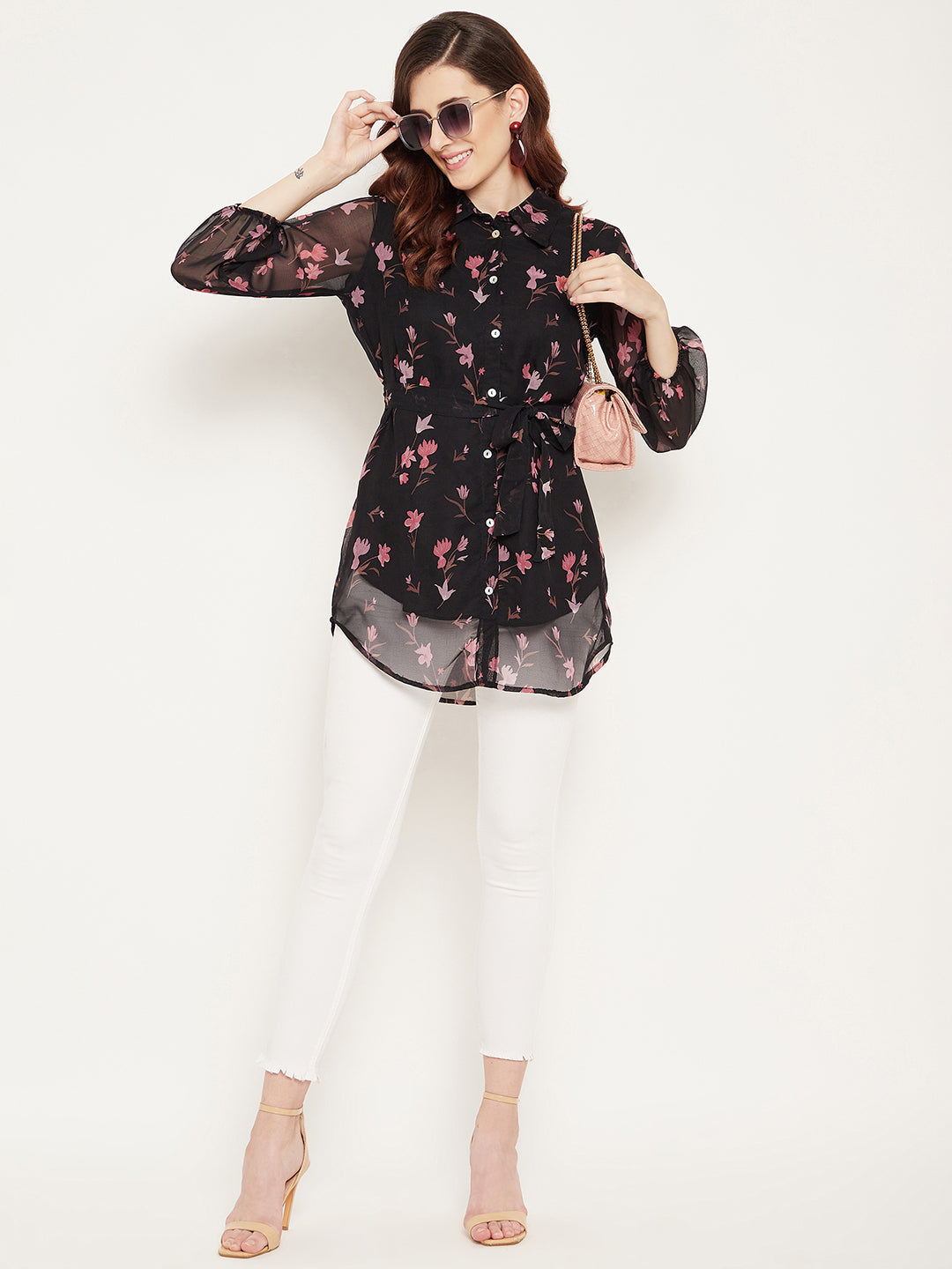 Women's Black And Pink Shirt Collar Floral Printed Tunic  - Bitterlime