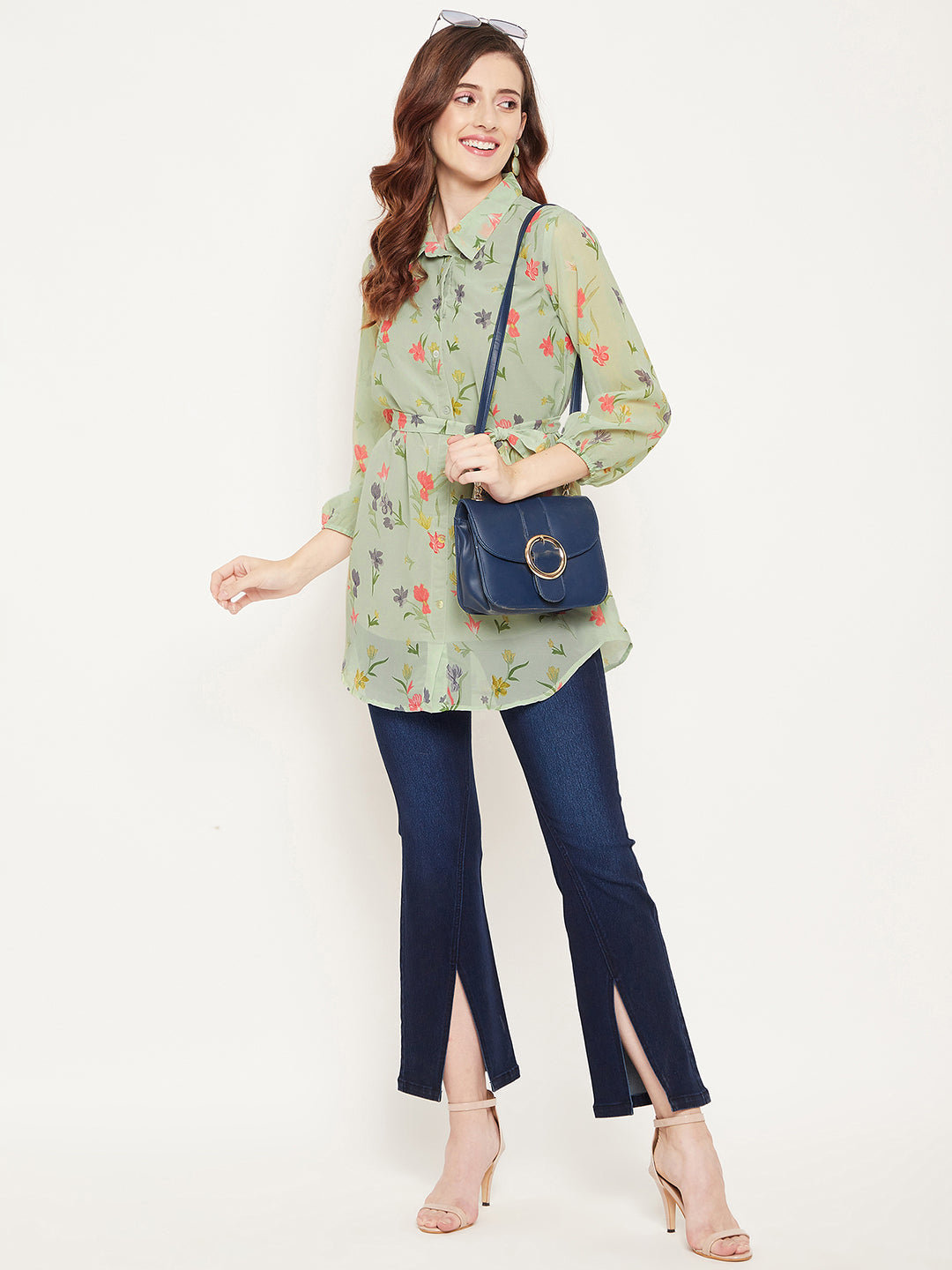 Women's Pista Green And Pink Shirt Collar Floral Printed Tunic  - Bitterlime