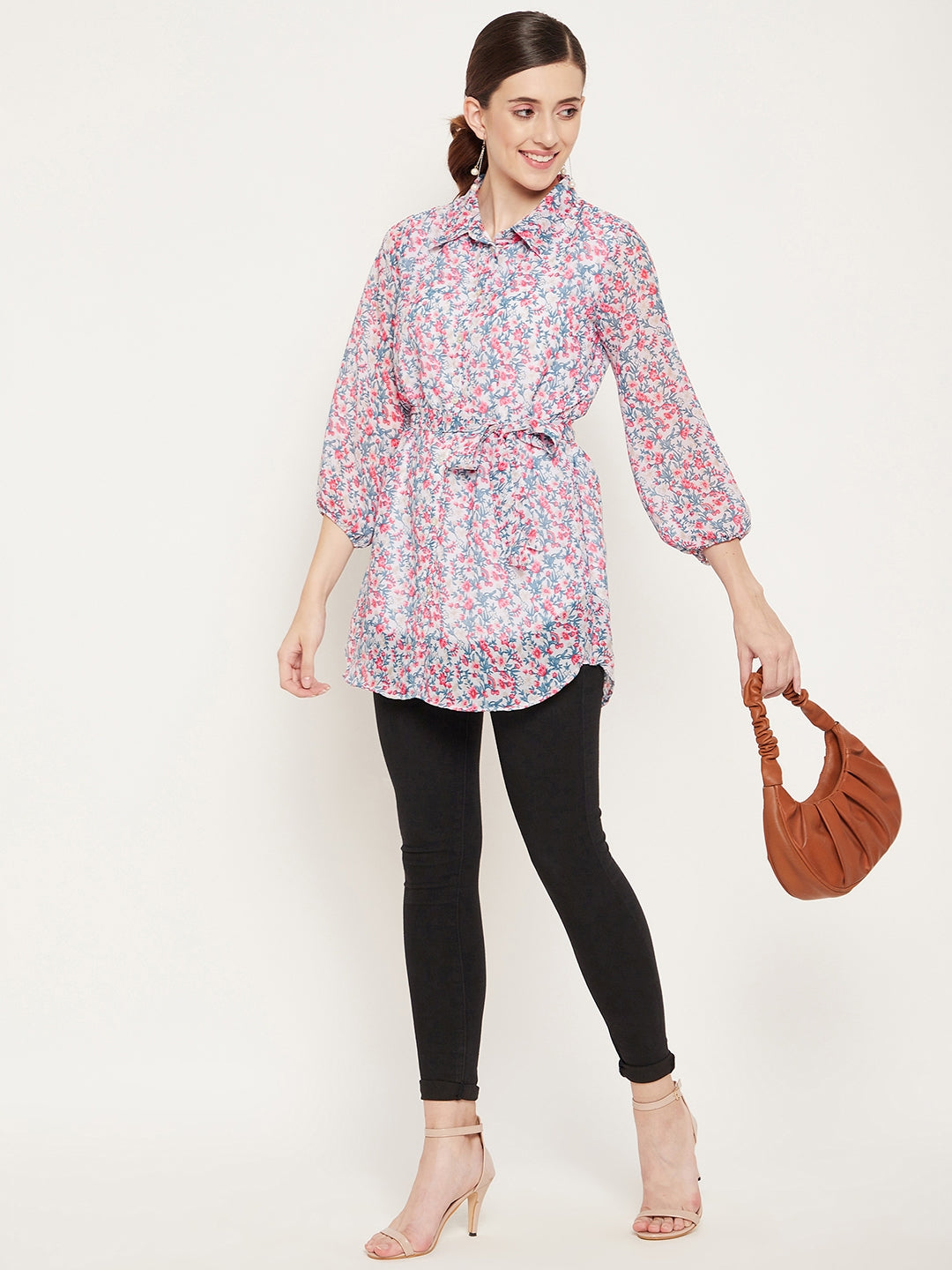 Women's White And Pink Shirt Collar Floral Printed Tunic  - Bitterlime