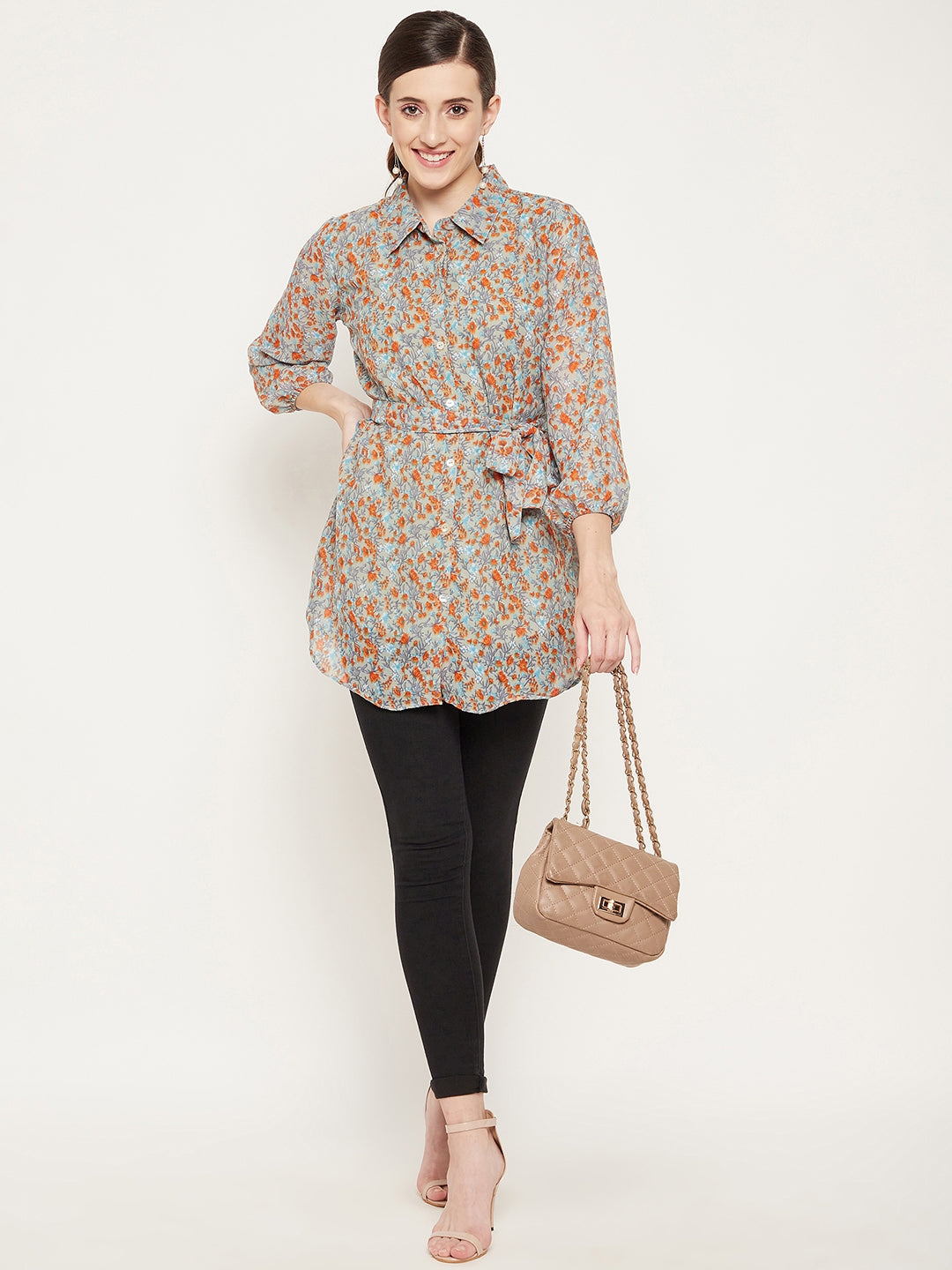 Women's Grey And Orange Shirt Collar Floral Printed Tunic  - Bitterlime