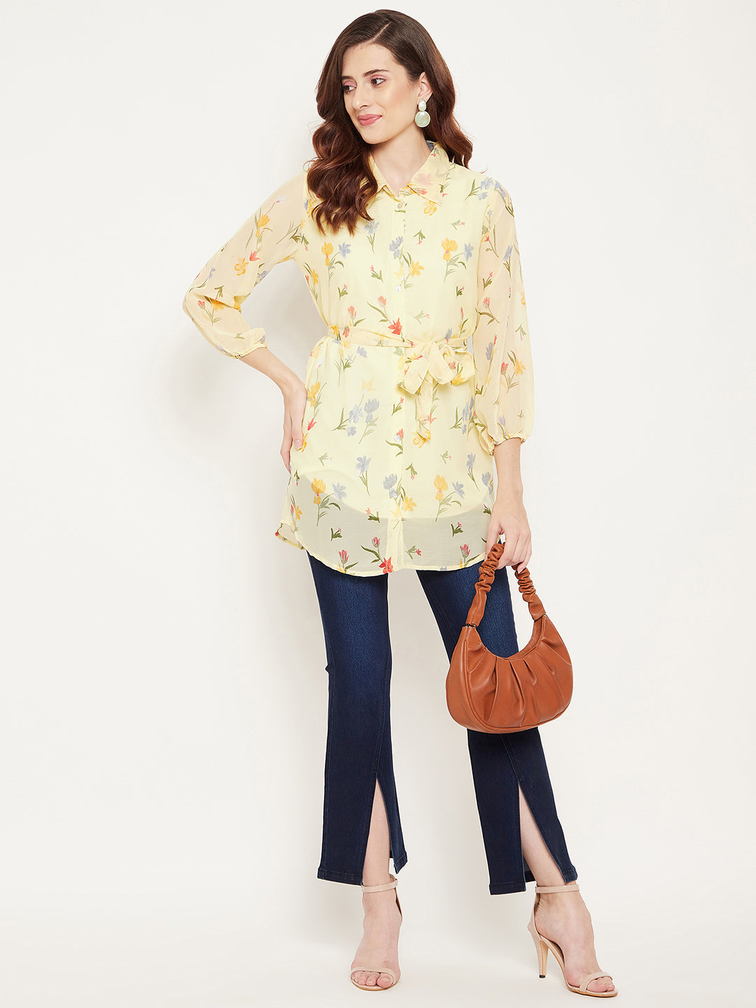 Women's Yellow And Pink Shirt Collar Floral Printed Tunic  - Bitterlime