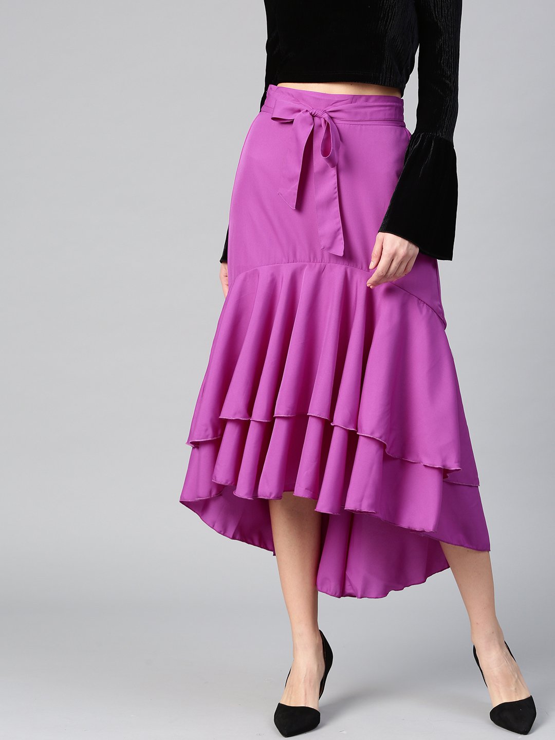 Women's Crepe Long Ruffle High Low Skirt  - BitterLime