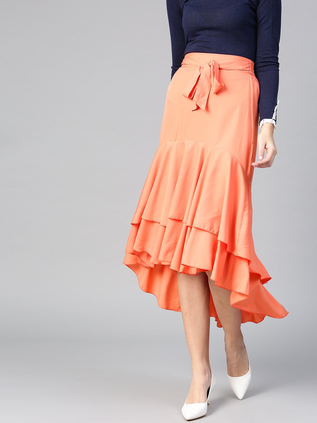 Women's Crepe Long Ruffle High Low Skirt  - BitterLime