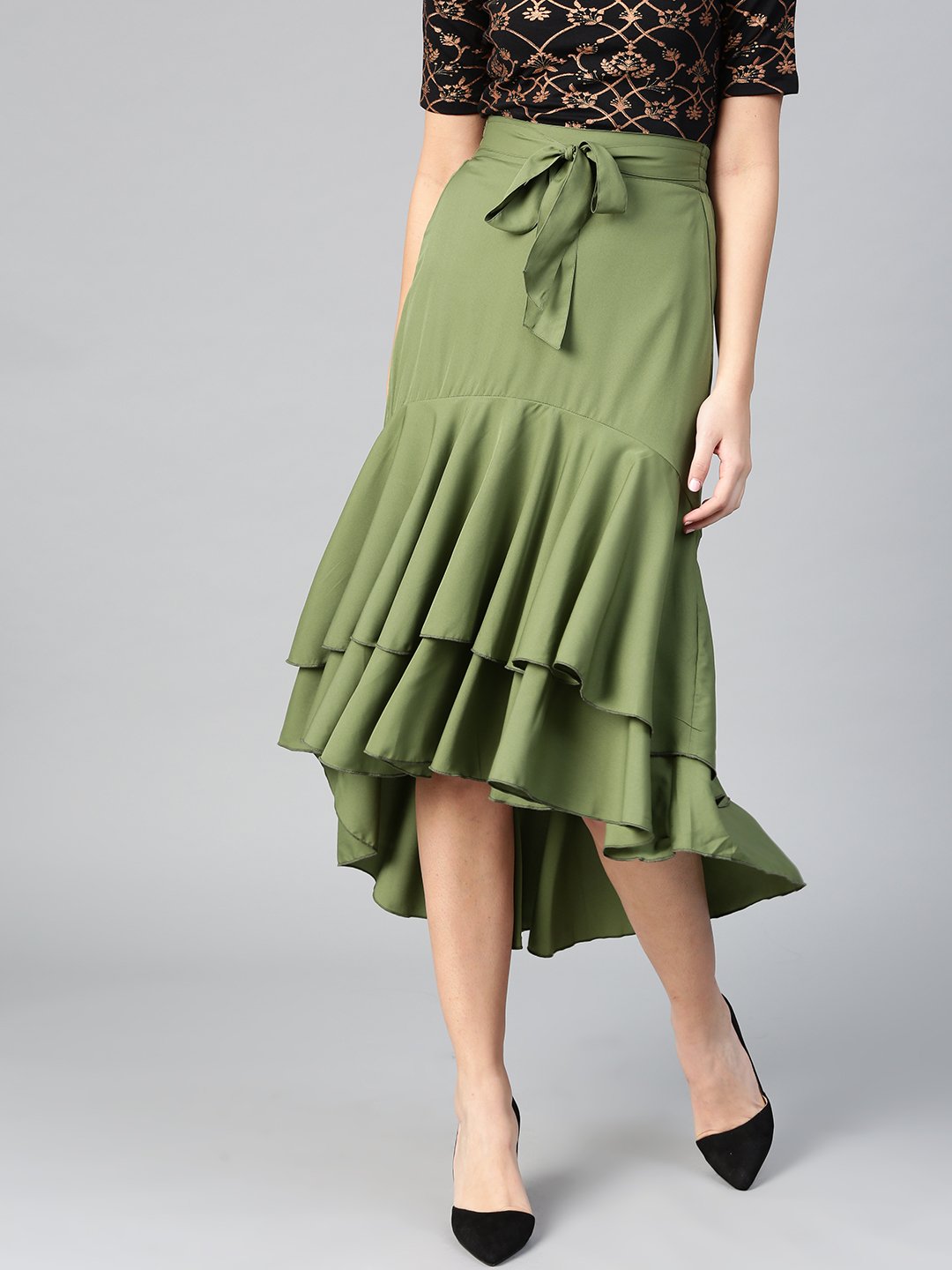 Women's Crepe Long Ruffle High Low Skirt  - BitterLime