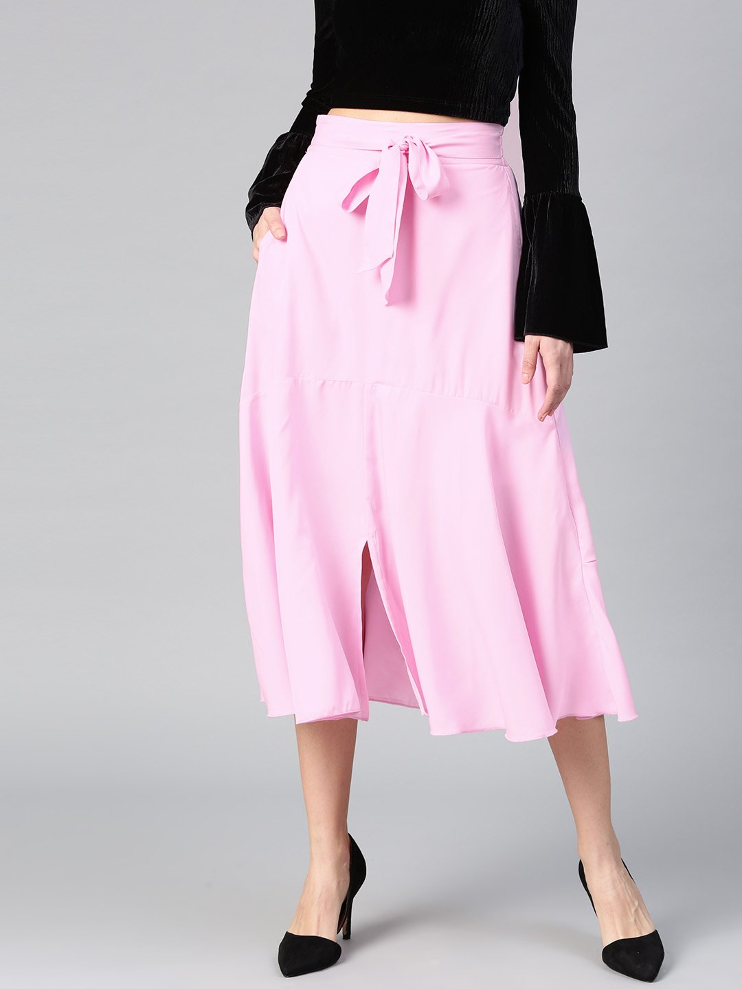 Women's Crepe A Line With Front Slit Skirt  - BitterLime