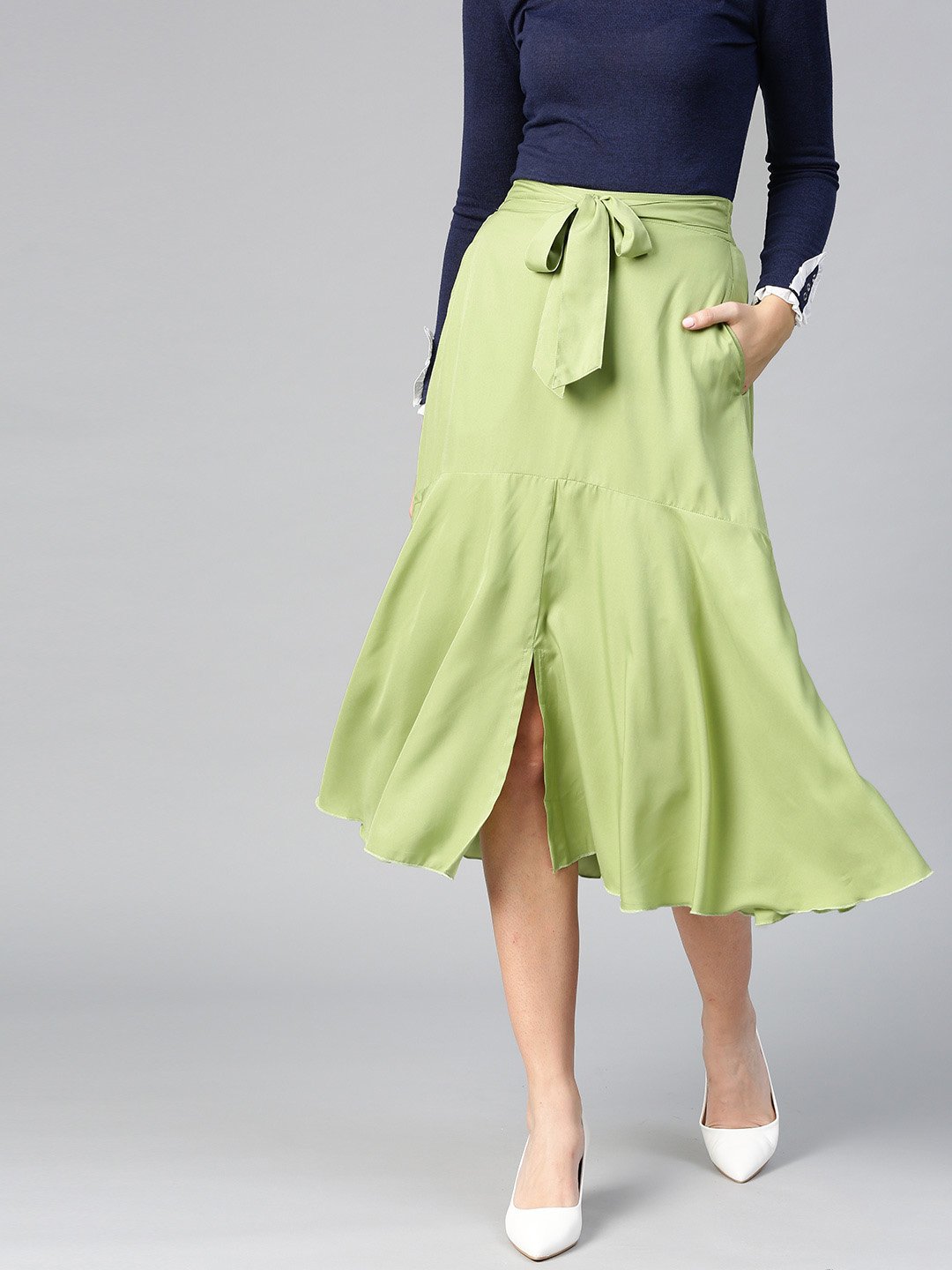 Women's Crepe A Line With Front Slit Skirt  - BitterLime