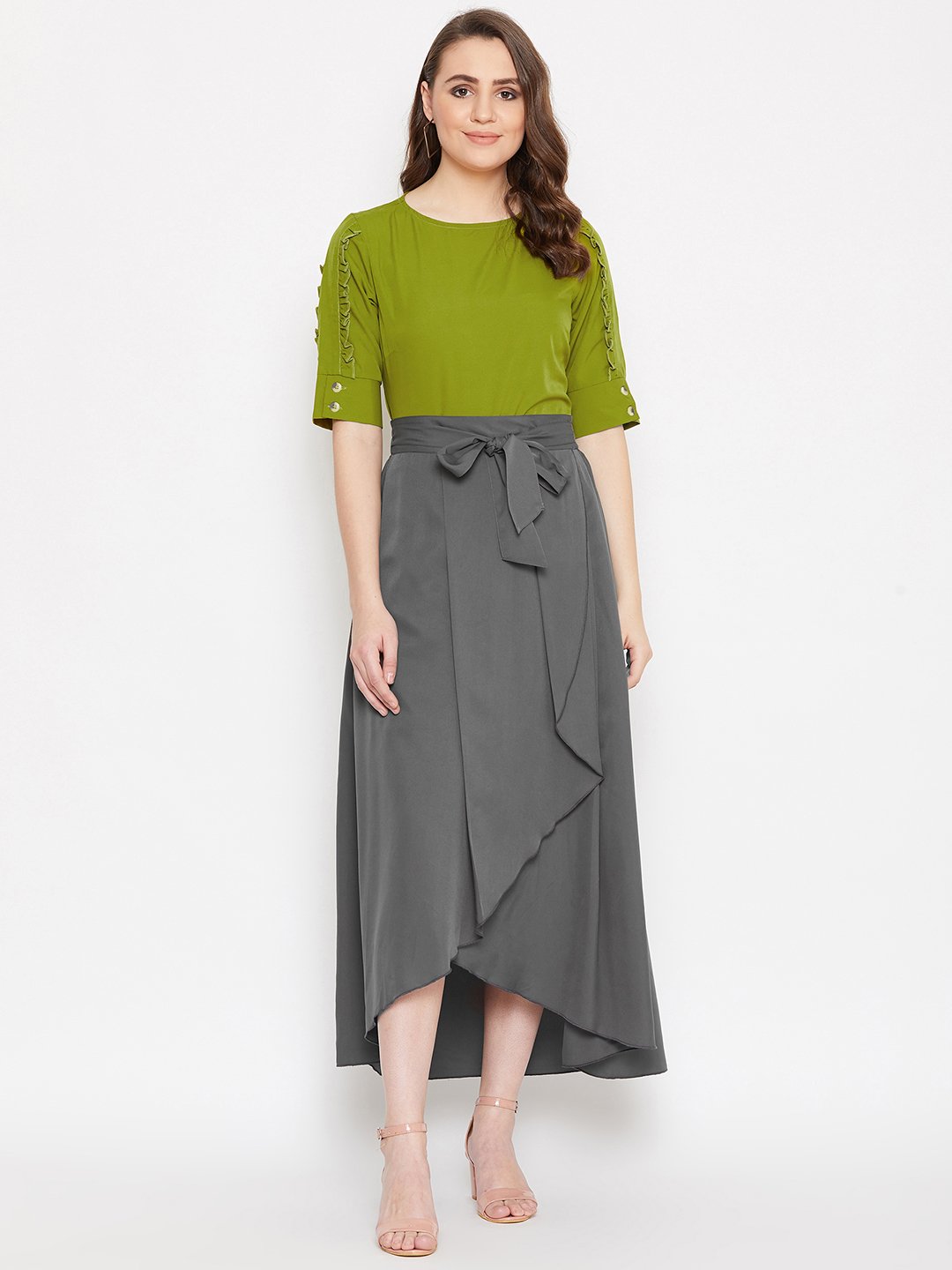 Women's Frill Sleeve Top & Asymmetrical Skirt Set  - BitterLime