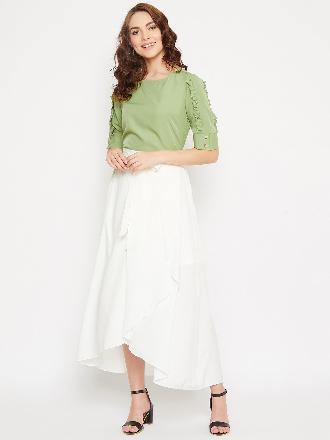 Women's Frill Sleeve Top & Asymmetrical Skirt Set  - BitterLime