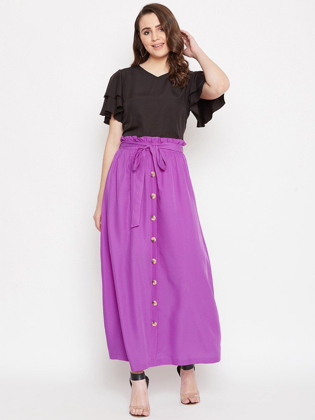 Women's V-Neck Top With Front Button Skirt Set - BitterLime