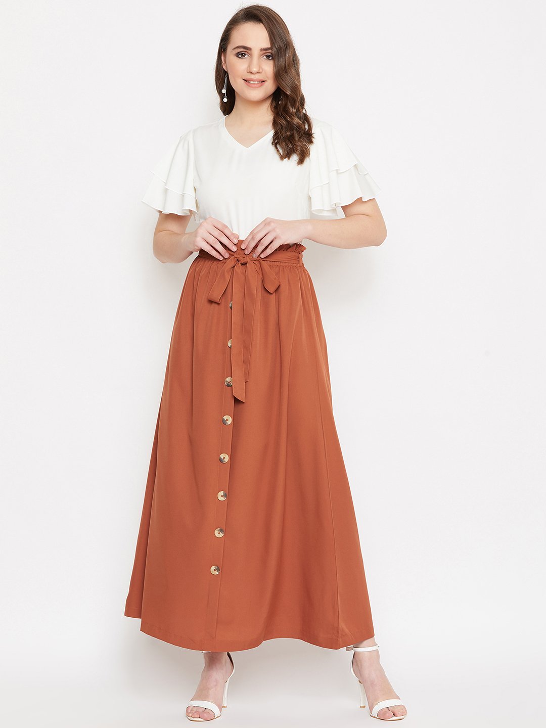 Women's V-Neck Top With Front Button Skirt Set - BitterLime