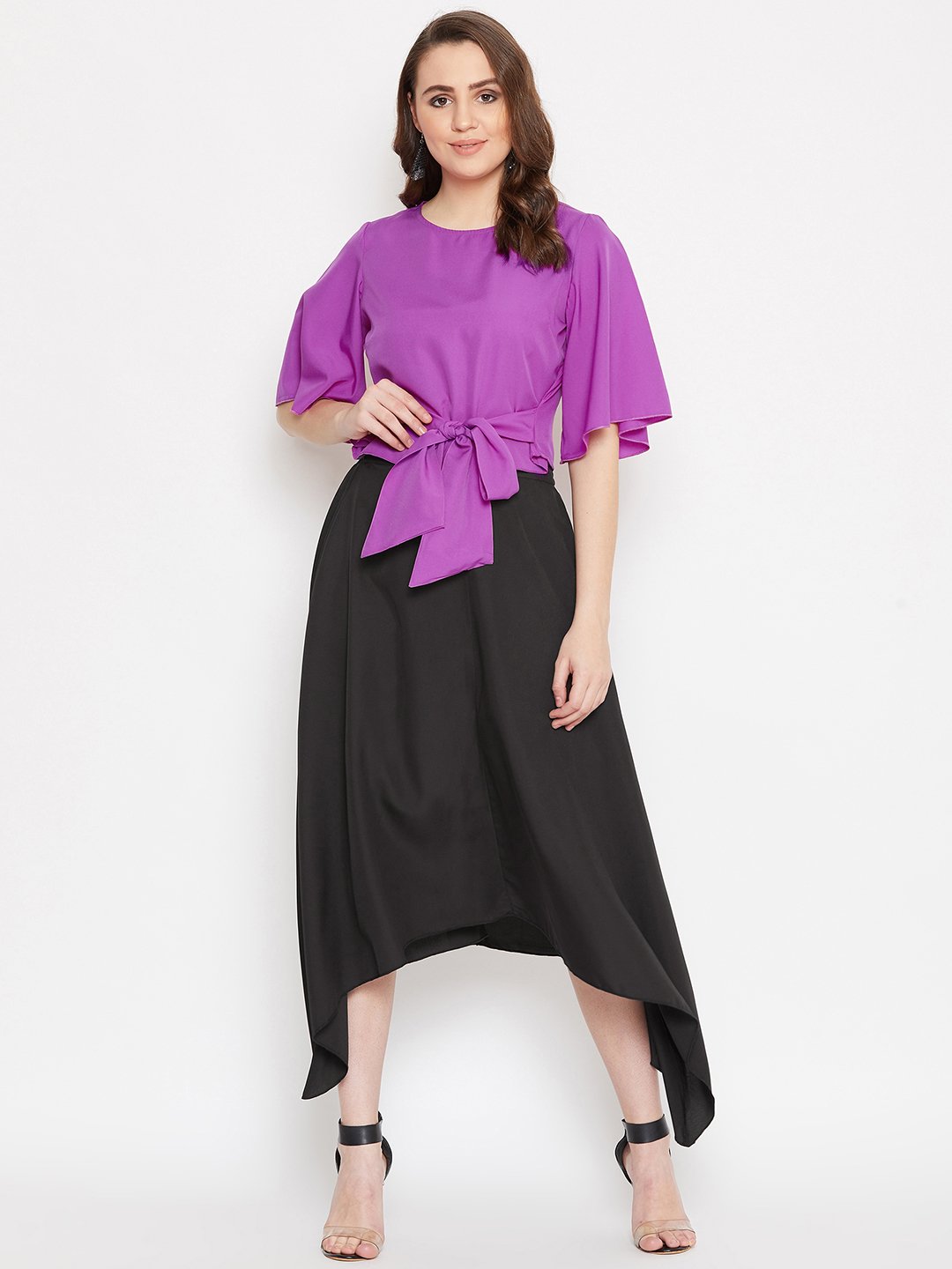 Women's Solid Knot Top & Asymmetrical Skirt Set  - BitterLime