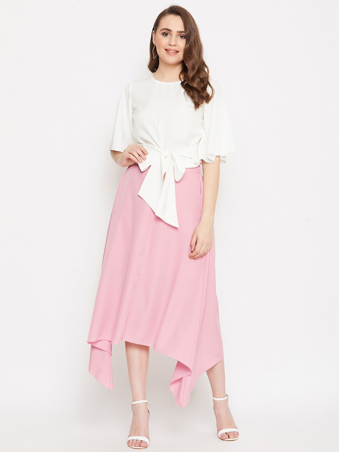 Women's Solid Knot Top & Asymmetrical Skirt Set  - BitterLime