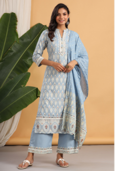 Women's Powderblue Rayon Printed Straight Kurta Palazzo Dupatta Set - Juniper