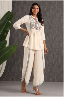 Women's Ivory Rayon Embroidered Peplum Tunic Dhoti Set - Juniper