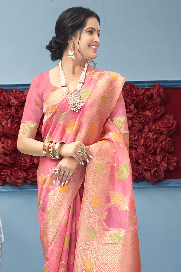 Women's Pink Organza Woven Zari Work Traditional Tassle Saree - Sangam Prints