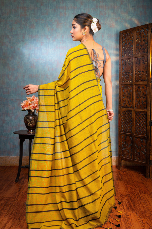 Women's Yellow Handloom Linen Saree With Black Stripe - Aanika