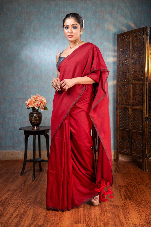 Women's Red Handloom Cotton Saree - Aanika